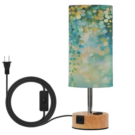 Wobogo Green Flower Leaves Bedside Lamp Touch Control Table Lamp with USB A C Charging Ports & AC Outlet 3-Way Dimmable Nightstand Lamp with Linen Fabric Shade for Bedroom Living Room