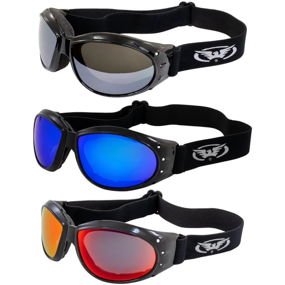 3 Pair Global Vision Eliminator Dirt Bike Padded Motorcycle Riding Goggles ANSI Z87.1 Anti-Fog Black Frames Flash mirror, Blue Mirror & Red Mirror Lenses