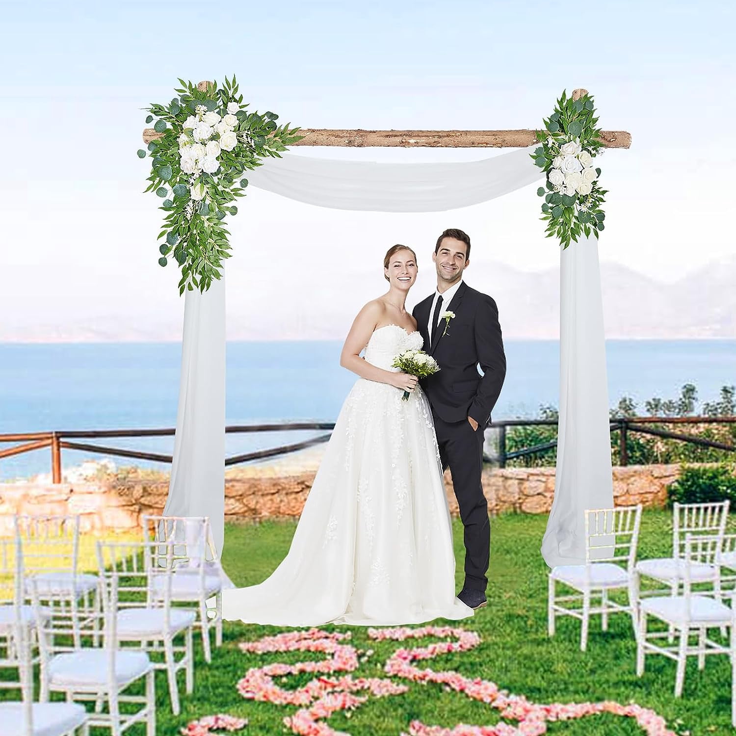 Trianu Hanging Wedding Arch Flowers Kit Includes 2 Pcs Artificial Flower Arrangement 2 Pcs Drapes for Ceremony Arbor Backdrop Floral Decor, White