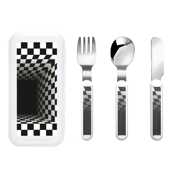 Easygdp 3d Black and White Checkerboard Tunnel 3-Piece Flatware Set Kids Silverware, Stainless Steel Toddler Kids Utensils Safe for Preschooler Children