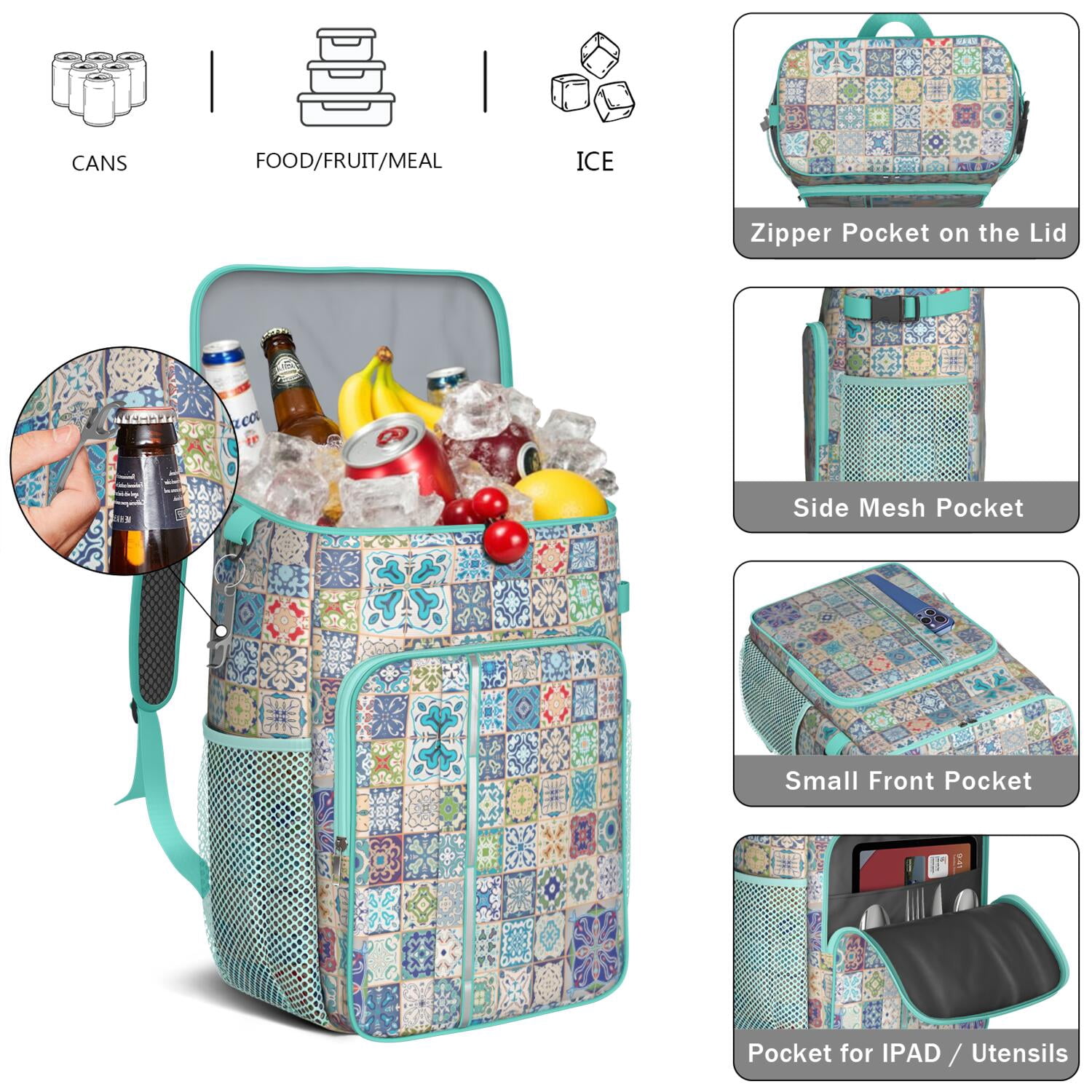 Travel Cooler Bag - Boho Bohemia Flower Camping Beer Cooler Backpack with Bottle Opener- Waterproof Insulated Picnic Backpacks - Cooler Bag for Beach