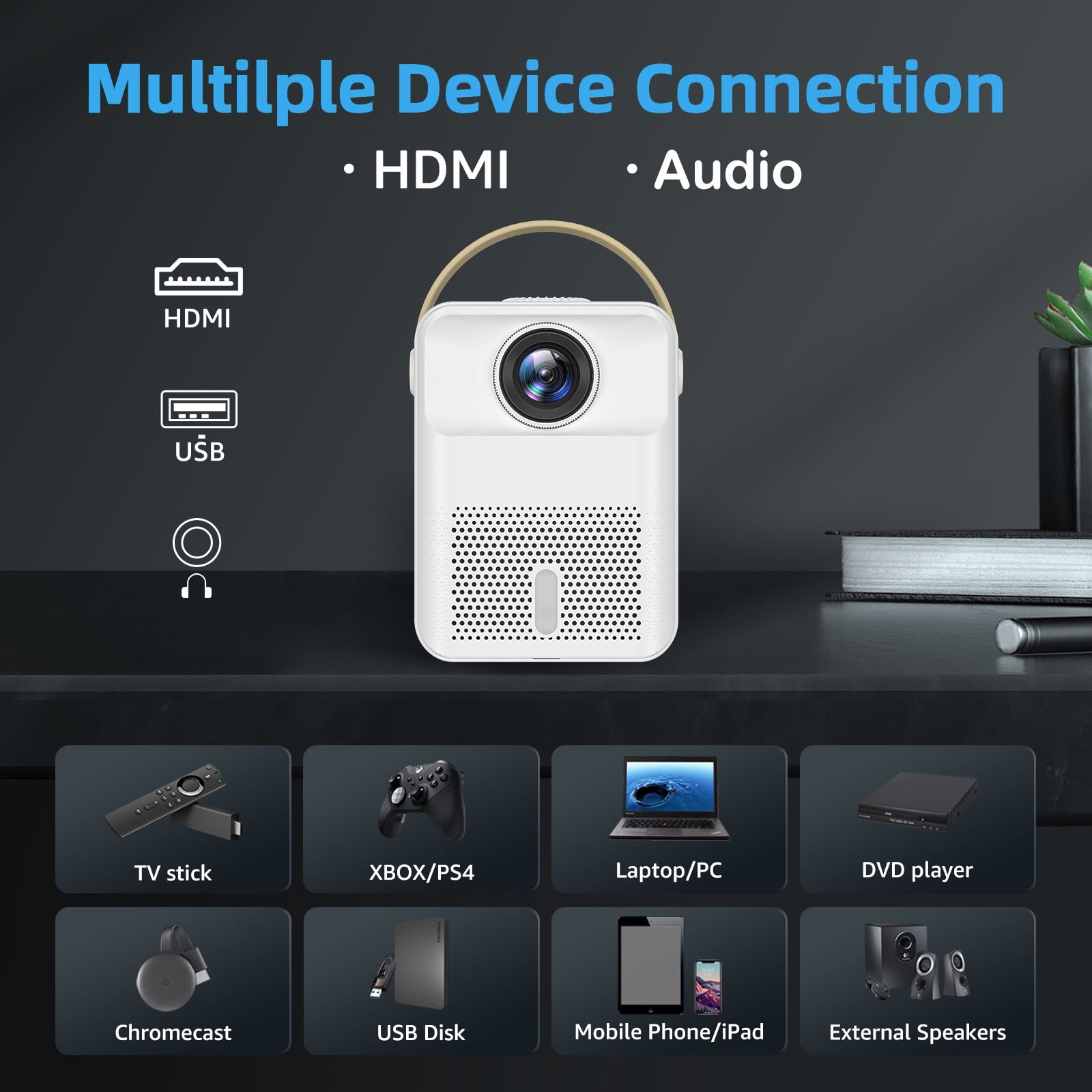 Smart Projector 4K Android System, 15000Lm Mini Projector with WiFi and Bluetooth, 4K Outdoor Projector Max 300” Digital ±45° 4D Keystone Zoom Support, Compatible with Phone, TV Stick