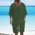 thumbnail image 3 of Cinvoph Men's 2 Piece Set Outfits Short Sleeve V-Neck Solid Color T Shirt and Shorts Outfits Summer Casual Drawstring Workout Holiday Vocation Beach Suits for Men, 3 of 6