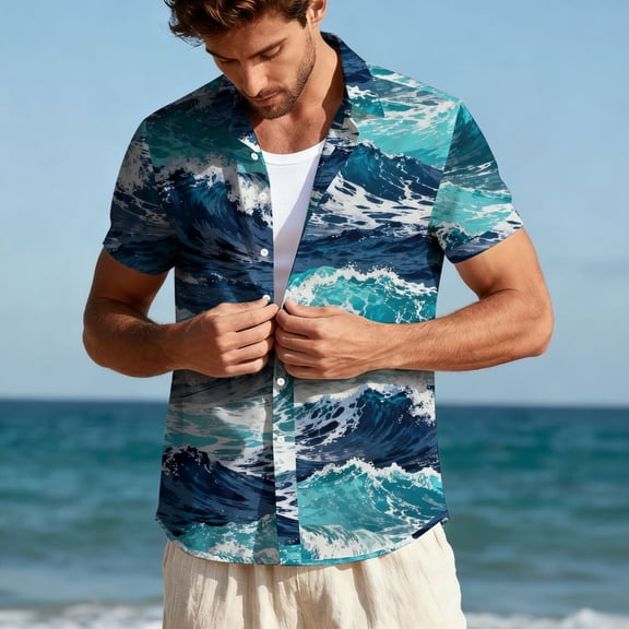 Zylanna Men's Hawaiian Shirts, Short Sleeve Tropical Floral Print Casual Button Down Summer Beach Shirt for Vacation Light Blue