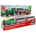 thumbnail image 2 of Hape: Steam-Era Passenger Train - Green & Red - 3pc Wooden Locomotive Toy, Engine w/ 2 Passenger Carriages, Push & Pull, Magnetic Linking, Kids Age 3+, 2 of 6