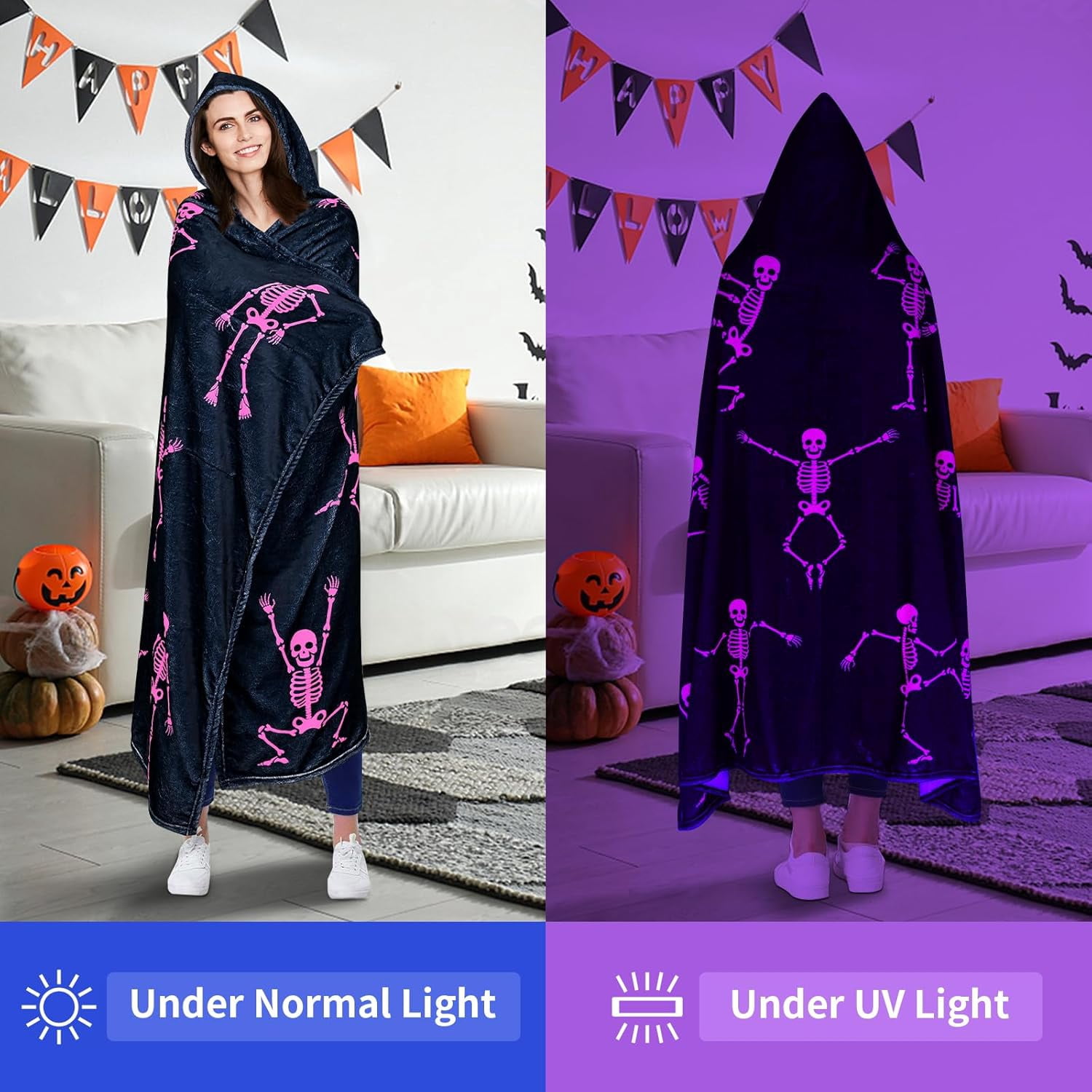 Halloween Wearable Blanket Hoodie Blacklight Skeleton Dance Hoodie Blanket with Hand Pockets, Funny Skull Soft Flannel Adult Hooded Blanket for Women and Men, 50 X 60 Inches (Black)