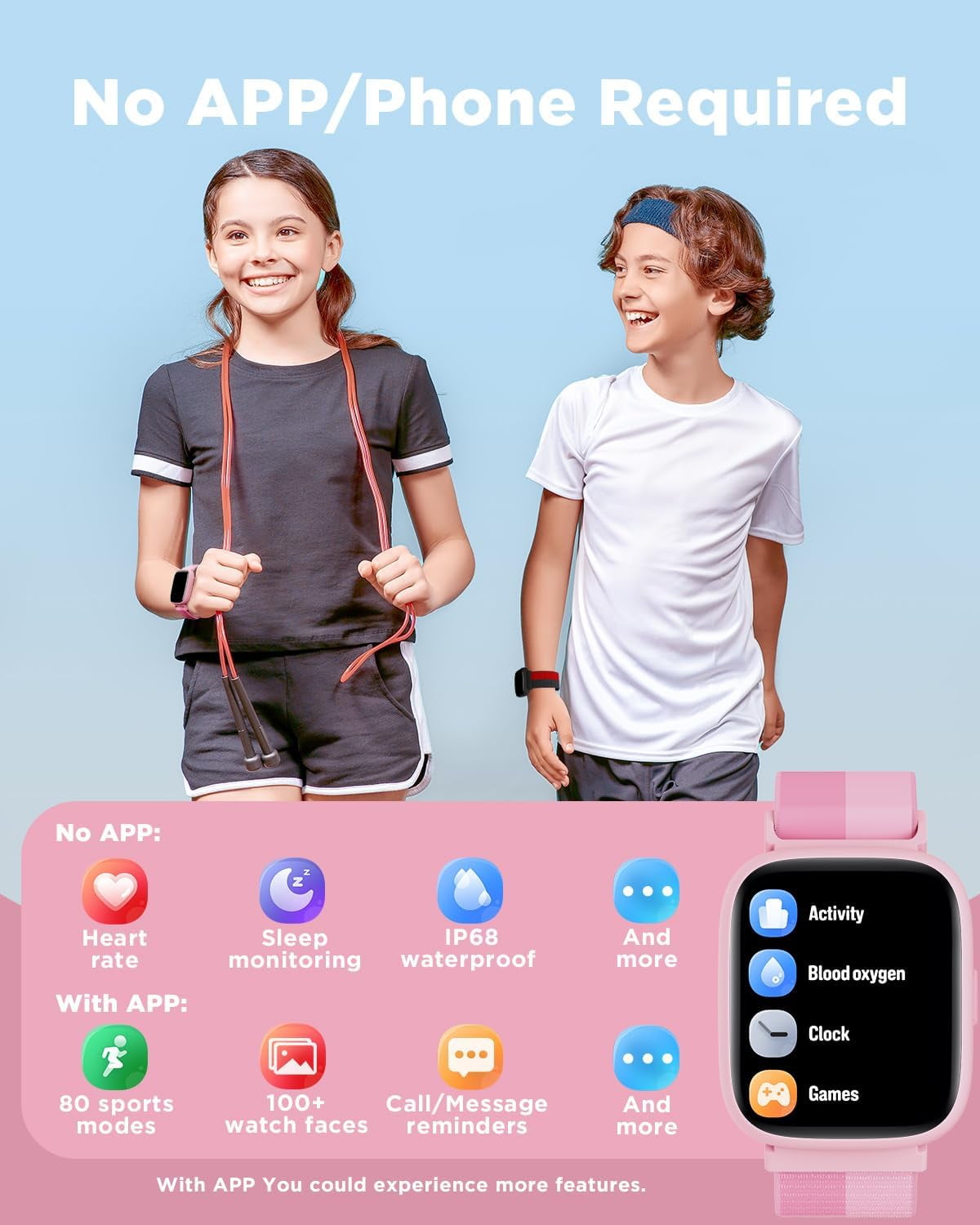 BIGGERFIVE Smart Watch for Kids, 1.8" Fitness Tracker Watch Pedometer, Sleep Monitor, IP68 Waterproof, Calorie Step Counter, Puzzle Game with/Without APP for Girls Teens 5-16,