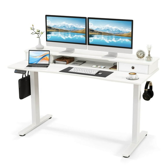 Costway 55"x 24" Electric Standing Desk with 2 Drawers Monitor Stand Storage Shelf White