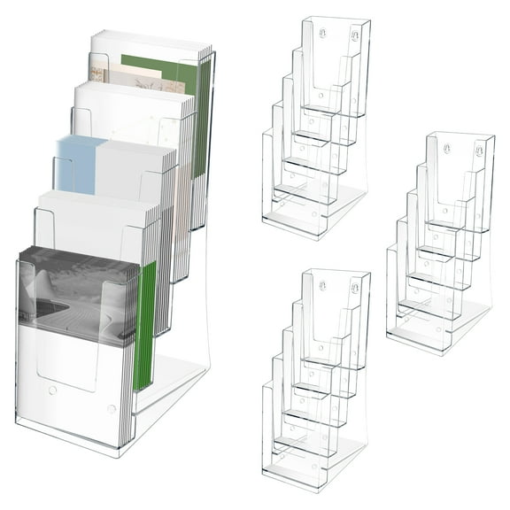 4Pcs Acrylic Brochure Holder 5 Tier Transparent Brochure Display Stand Impact Resistant Sturdy Literature Rack Organizer for Wall Mount or Countertop