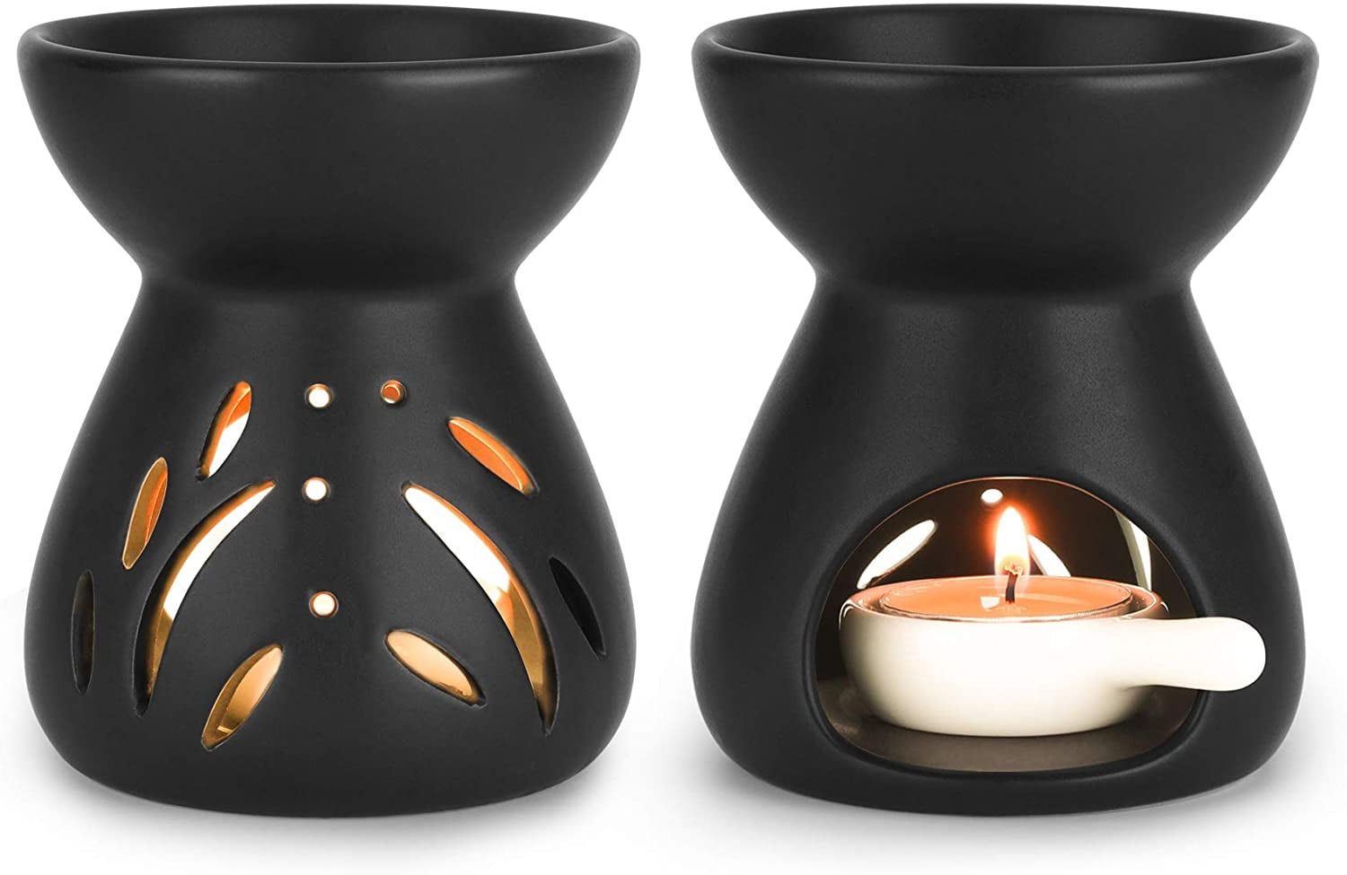 T4U Ceramic Buddha Head Essential Oil Burner with Candle Spoon Black Set of 2 Aromatherapy Wax Melt Burners Oil Diffuser Tealight Candle Holders Buddha Ornament for Yoga Spa Home Bedroom Decor Gift