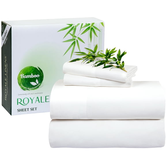 Royale Linen Bamboo Viscose Queen Sheet Set - Cooling Bed Sheet Set - 1 Fitted, 1 Flat & 2 Pillowcase - Fits Up to 16" -Organic Viscose Derived from Bamboo - Bedding Sheet & Pillowcase (Queen, White)