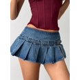 thumbnail image 4 of Womens Blue Denim Pleated Mini Skirt With Belted Waist And Frayed Hem, 4 of 21