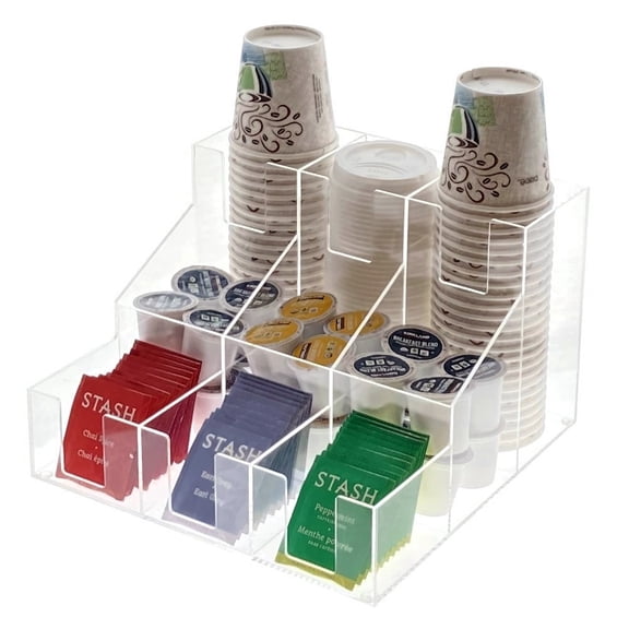 OnDisplay Acrylic Break Room Coffee Station Organizer for Cups/Lids/Sugar/Coffee Pods/Tea and more