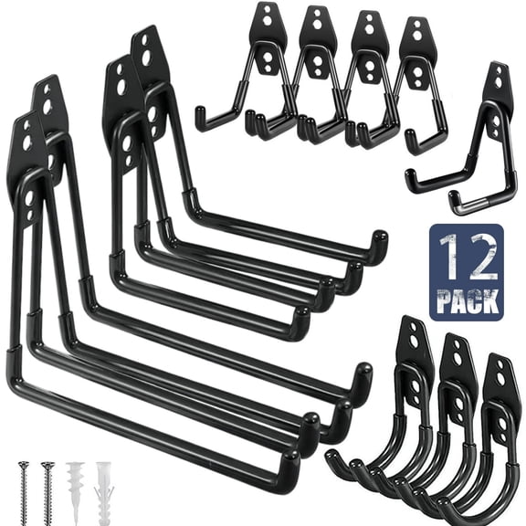 12 Pack Garage Storage Hooks Heavy Duty, Anti-Slip Coating Garage Wall Mount Storage Organizer Solid Steel Wall Mount Hook Set for Hanging Bike, Ladder, Garden Tools