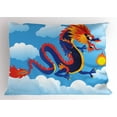 thumbnail image 1 of Dragon Pillow Sham Surreal Folk Tale Creature Spitting Fire on Clouds Chinese Cartoon Art, Decorative Standard King Size Printed Pillowcase, 36 X 20 Inches, Indigo Sky Blue Orange, by Ambesonne, 1 of 2