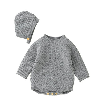 

Frontwalk Newborn Warm Solid Color Bodysuit Long Sleeve Short Romper + Hats Suits Infant Buttons Home Two Piece Outfits Grey 86cm