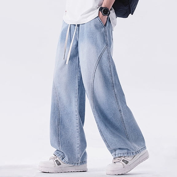 Conairie Baggy Jeans for Men Elastic Waist Denim Pants Fashion Solid Comfy Lightweight Workwear Classic Jeans Trousers Light Blue L
