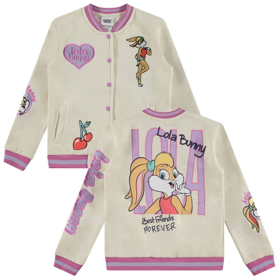 Looney Tunes Lola Bunny Varsity Bomber Jacket - Little and Big Girl Sizes 4-16, Ivory/Hot Pink, 4-5