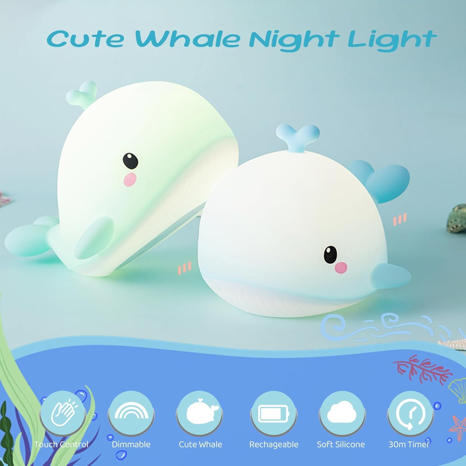 Rechargeable Baby Whale Night Light - Ocean Animal Nursery Lamp with 3 Brightness Levels & Sleep Timer, Portable Kid Bedside Light, Gift for Toddlers (White) P