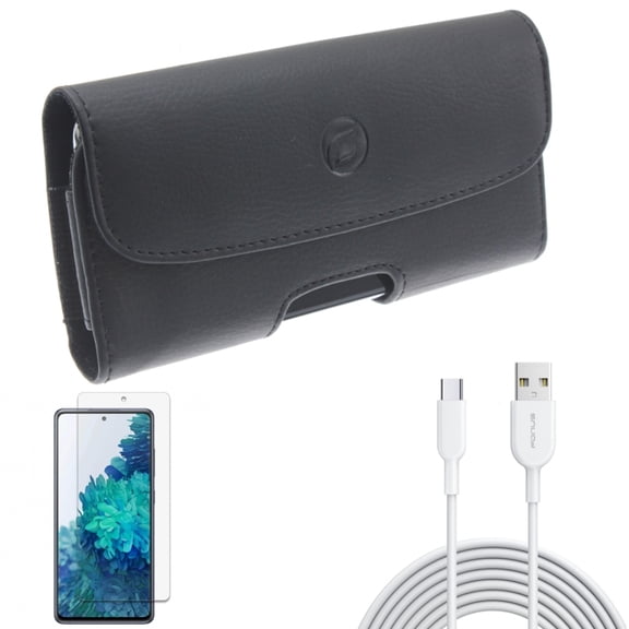 Screen Protector & Case Belt Clip & 6ft USB-C Cable for Samsung Galaxy S20 Fan Edition - Anti-Glare Tempered Glass   Leather Holster   Type-C Fast Charger Combo