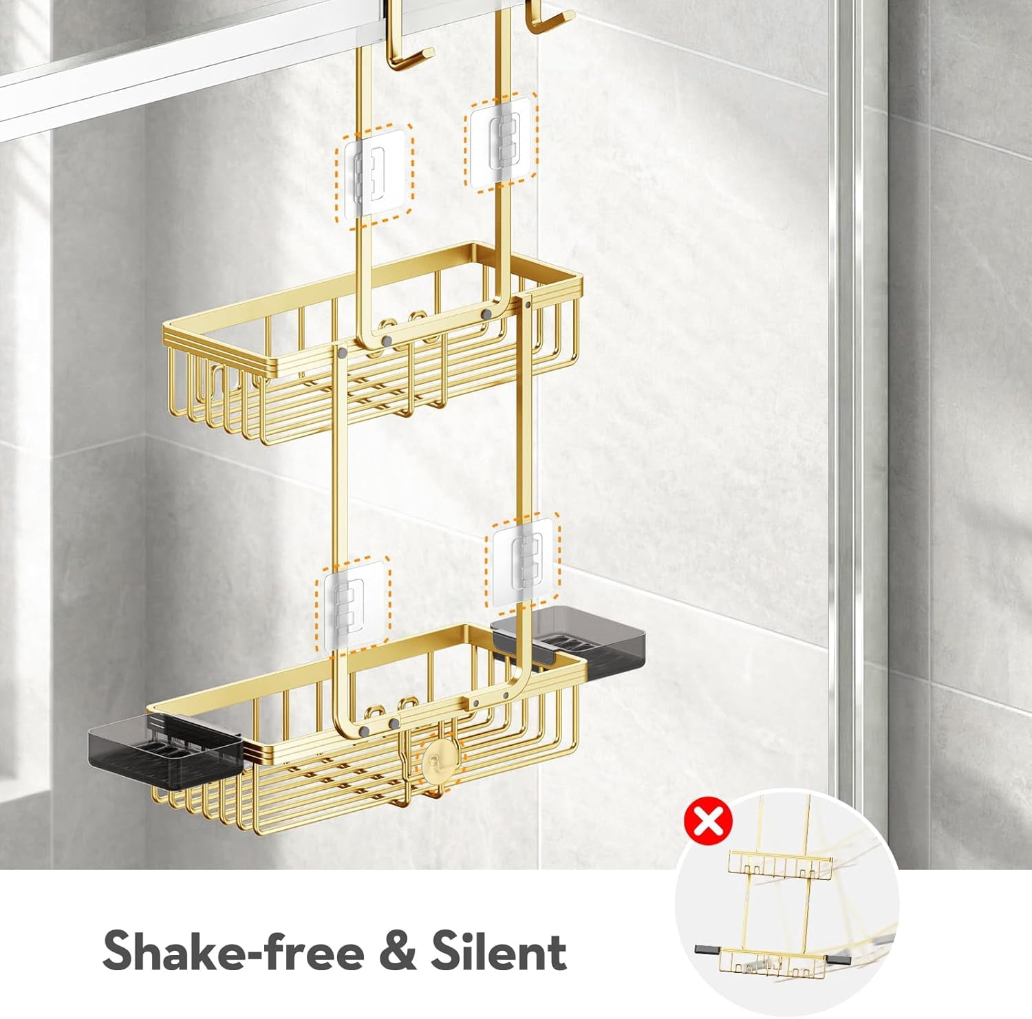 Over the Door Shower Caddy Hanging With Double Soap Holder Never Rust Hanging Shower Caddy With 4 Hooks Hanging Bathroom Organizer No Drilling Shelves for Bathroom Storage Gold