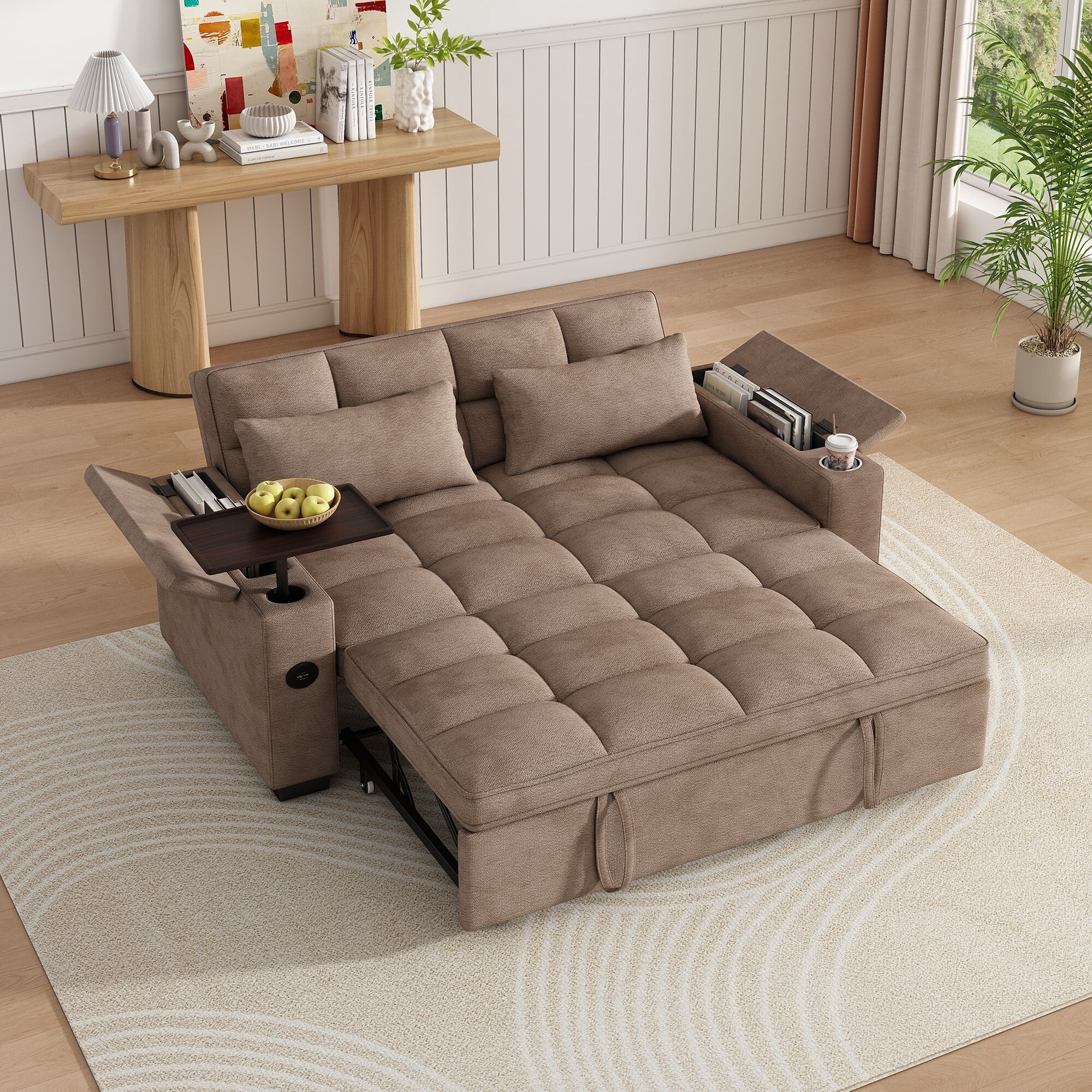 DEALTOPS 65" 3-in-1 Sleeper Sofa Bed, 3-Position Pull Out Couch with 90° Swivel Table, USB & Storage, Chenille, Brown