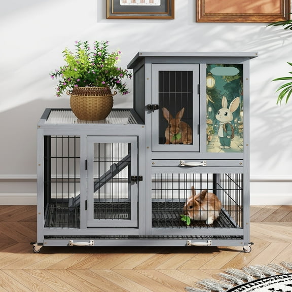 COZIWOW Rabbit Hutch Indoor with Wire Bottom, 2-Level Large Wooden Bunny Cage on Wheels Outdoor for Multiple Small Animals, Grey Colorful Patterns