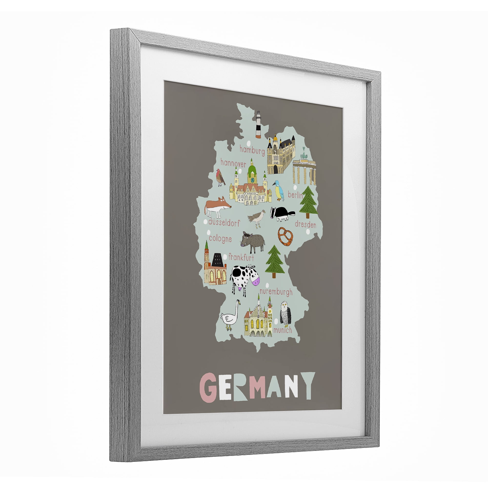Kid's Map of Germany Gray Framed Print Under Glass, design by Carla Daly