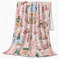 thumbnail image 2 of Festive Holiday Village Bear Penguins Snow Paths Pink, Festive Holiday Scene, Warm Flannel Blanket for Cabin and Lodge, Art Lovers Christmas Gift, Festive Home Decor, 2 of 9