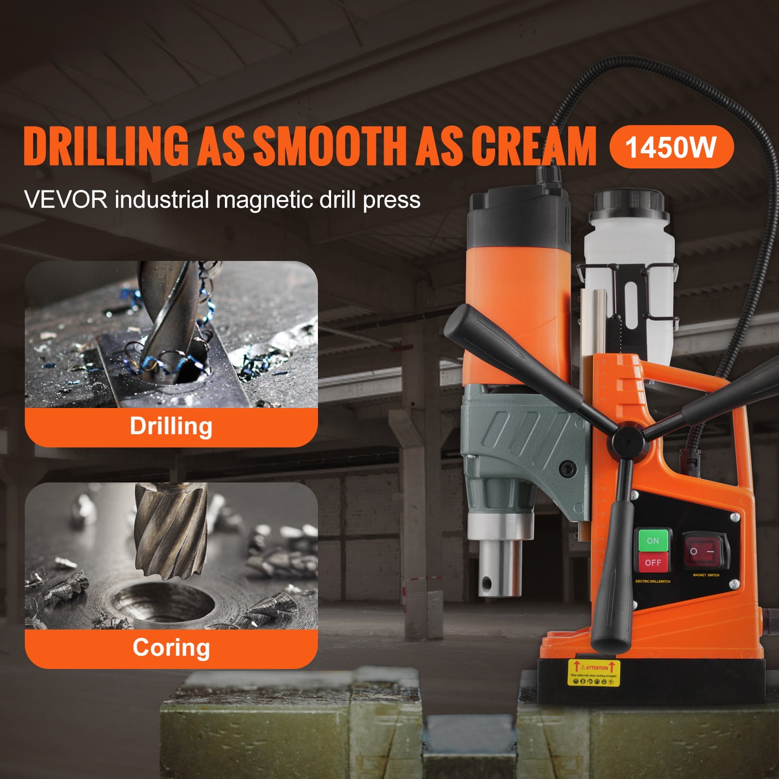 KFFKFF Magnetic Drill with 1450W Motor, 1.6-inch Boring Capacity, 2810 lbf Portable Electric Drill Press, Includes 11 Coring Bits, 850 RPM Speed