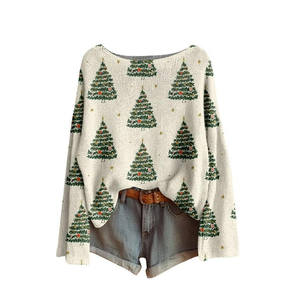 Fengactive Christmas Sweaters for Women Boat Neck Sweater Pullovers Long Sleeve Tops Xmas Holiday Clothes