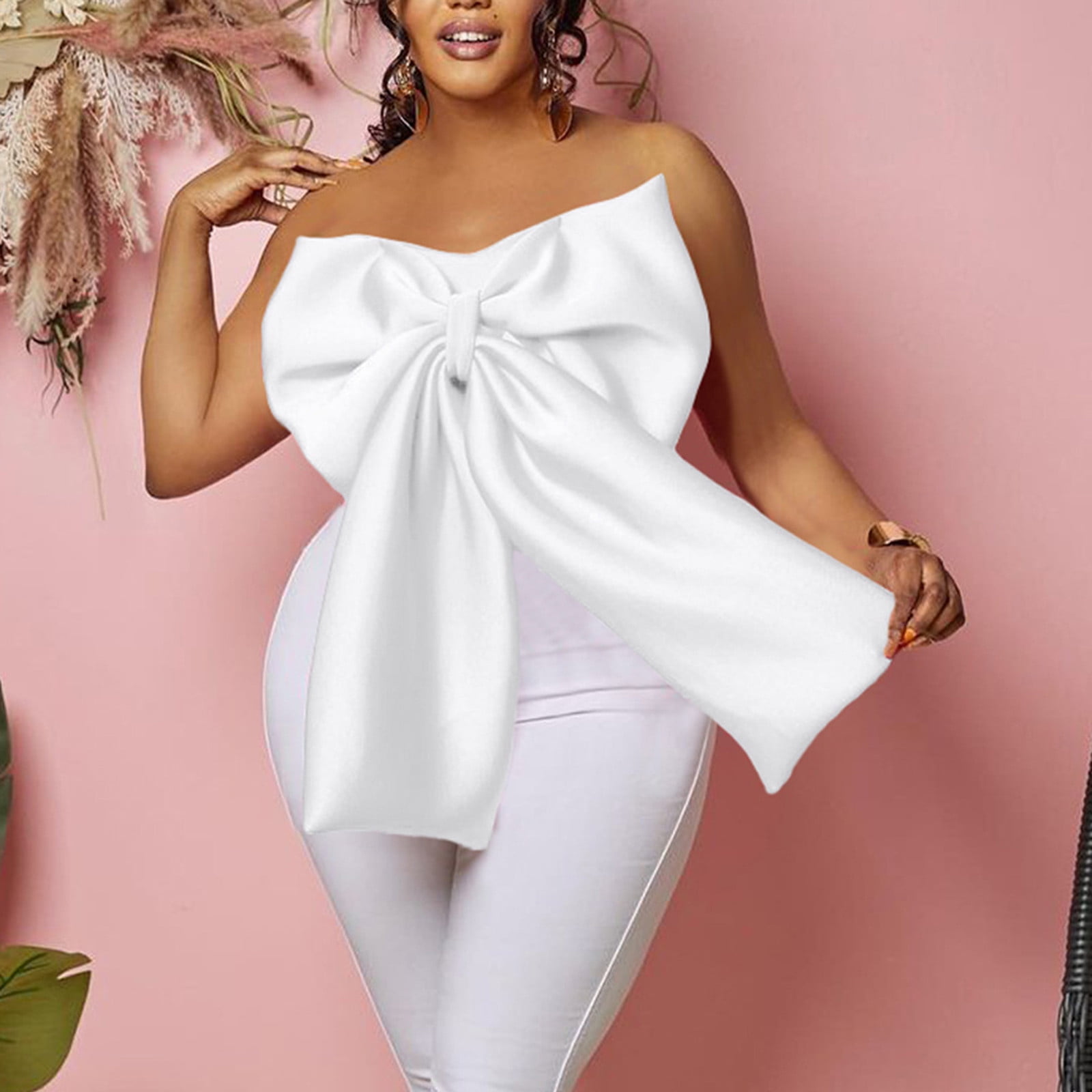Women's Elegant Big Bow Tie Tube Tops Strapless Off Shoulder Sexy Backless Solid Tank Crop Shirts
