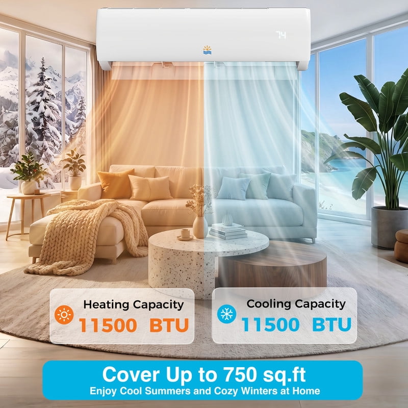 Etust 11500 BTU Mini Split AC/Heating System, 17 SEER2 110V/115V Ductless Mini Split Air Conditioner Up to 550 Sq.Ft