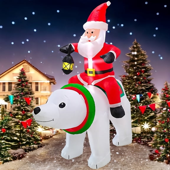 6FT Christmas Inflatable Santa Claus Rides Polar Bear Blow Up Yard Decor Built-in LED Lights For Christmas Party Holiday Xmas Gifts Outdoor Garden Lawn Yard Decorations