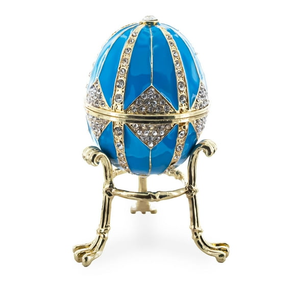 Crystal Rhombus on Blue Enamel Royal Inspired Metal Easter Egg 3.15 Inches