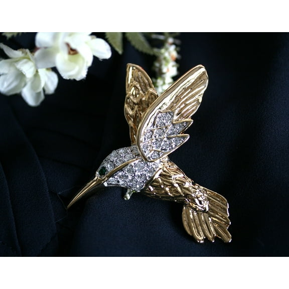 Vintage Two-Tone Clear Rhinestone Green Eye Hummingbird Brooch Pin