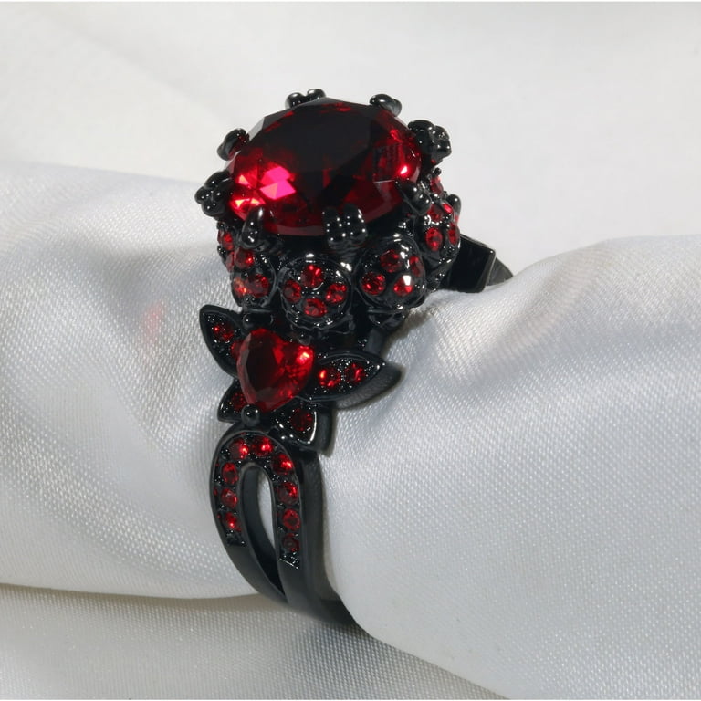 Jewelry Womens Red Lab Stone Skulls Ring Engagement Wedding Black Gold Plated Garnet Womens Ring Size 5-10, 8