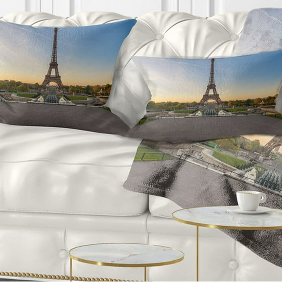 Designart Wide View of Paris Paris Eiffel Towerat Sunrise - Cityscape Throw Pillow - 12x20