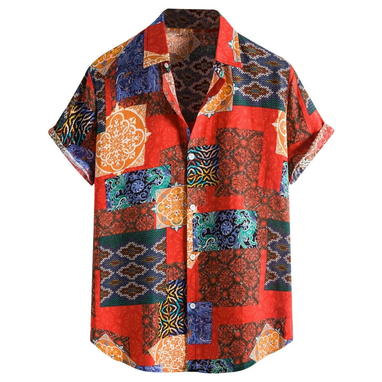 Vsssj Button Down Shirts for Men Oversized Fit Colorful Floral Printed Short Sleeve Collared Button Down Tee Top Summer Beach Vacation T-shirts Red L