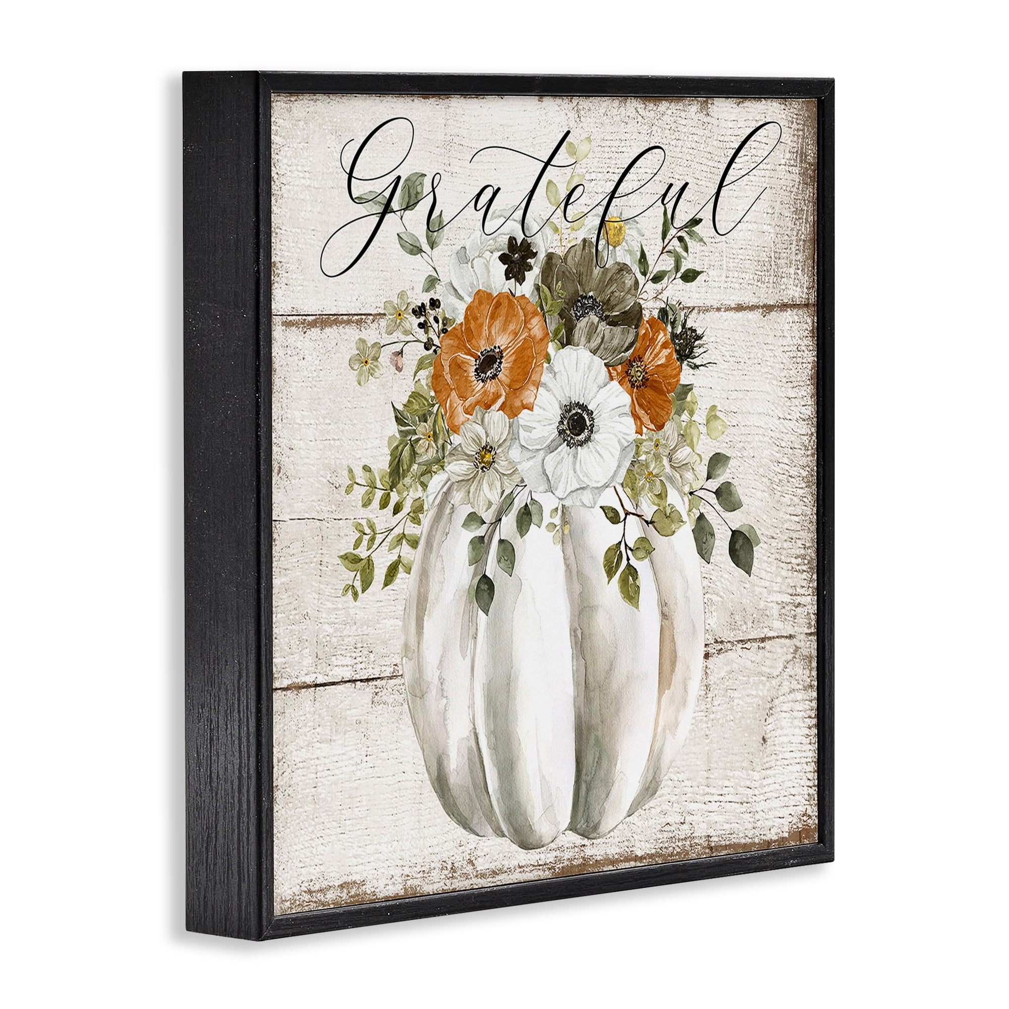 Stupell Industries Grateful Floral Pumpkin Holiday Painting Black Framed Art Prints Wall Art, 12 x 12