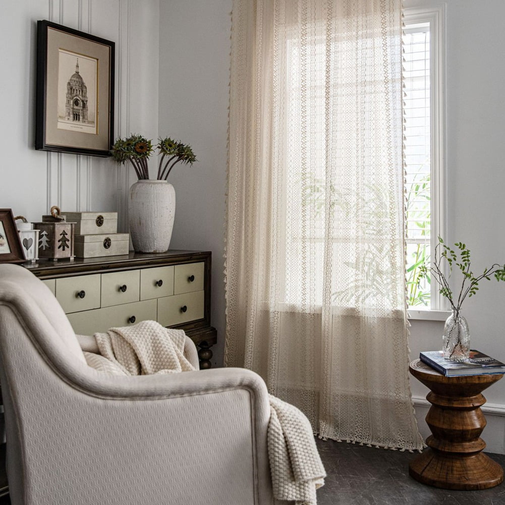Boho Tassel Crochet Curtains for Living Room,Vintage Rod Pocket Bohemian Curtains Geometry Striped Knitted Lace Light Filtering Curtains for Bedroom Bay Kids Beige Knitted Lace 150*180cm