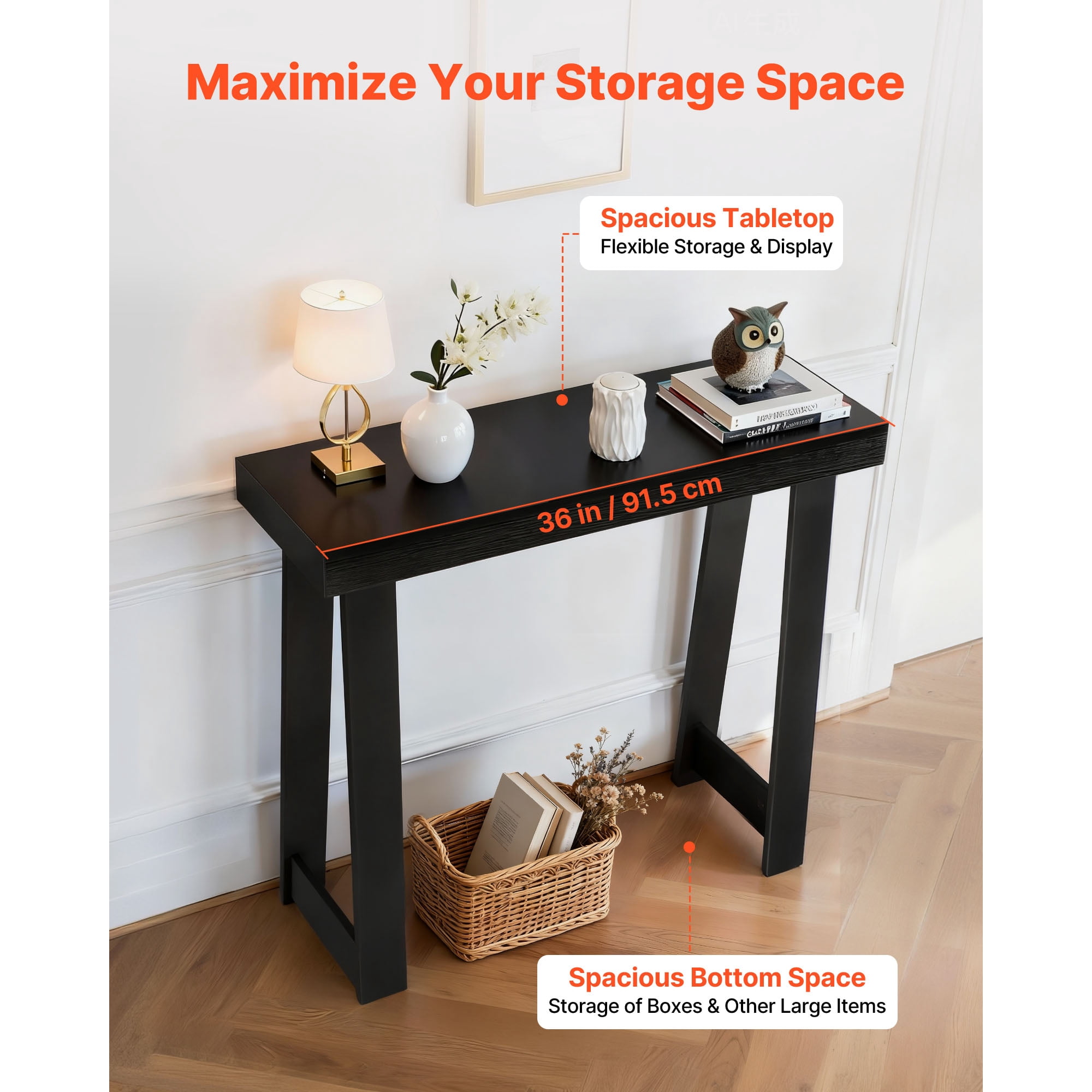 KFFKFF 36-inch Console Table, Modern Wooden Desk for Behind the Couch, Rectangular Entryway Table, Slim Sofa Table for Hallway, Bedroom, Living Room, or Foyer, Simple Assembly, Black