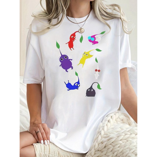 Camiseta básica para mujer verano1pc Women'S Casual Round Neck Short Sleeve T-Shirt with Colorful Cartoon Leaf Figures Print, Fashion Trendy Knit Polyester Tee, Comfortable All-Season TopFather's Da