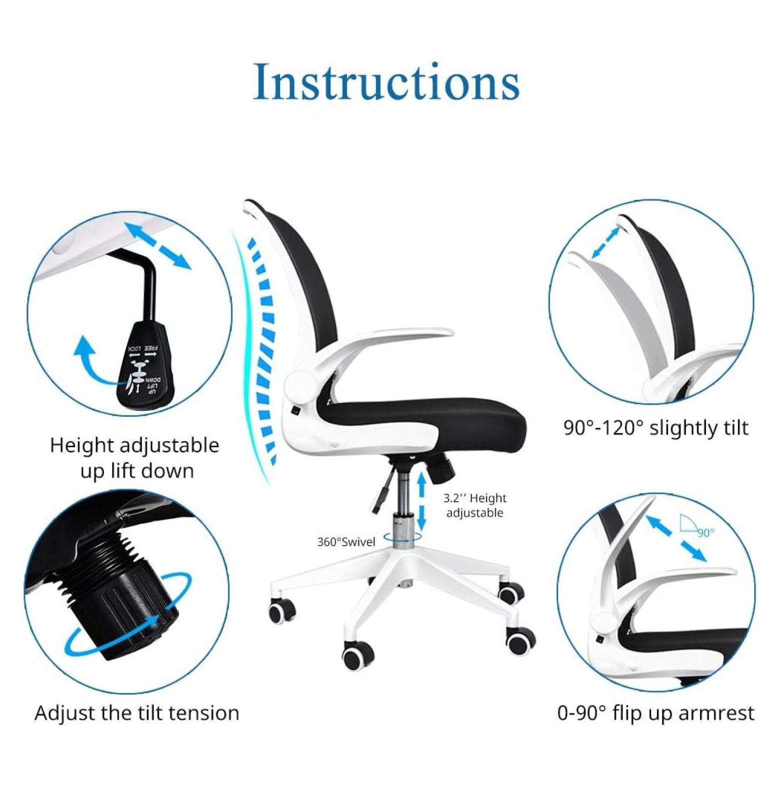 Foldable Office Chair - Home Office Desk Chairs with Wheels and -Up Arms - Ergonomic Backrest Mesh Computer Chair Adjustable Swivel Rolling Home Executive (White)