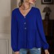 thumbnail image 2 of Blusa de mujer de manga larga de color puro con cuello en V y decoración de botones con dobladillo con volantes para el hogar Royalblue L, 2 of 8