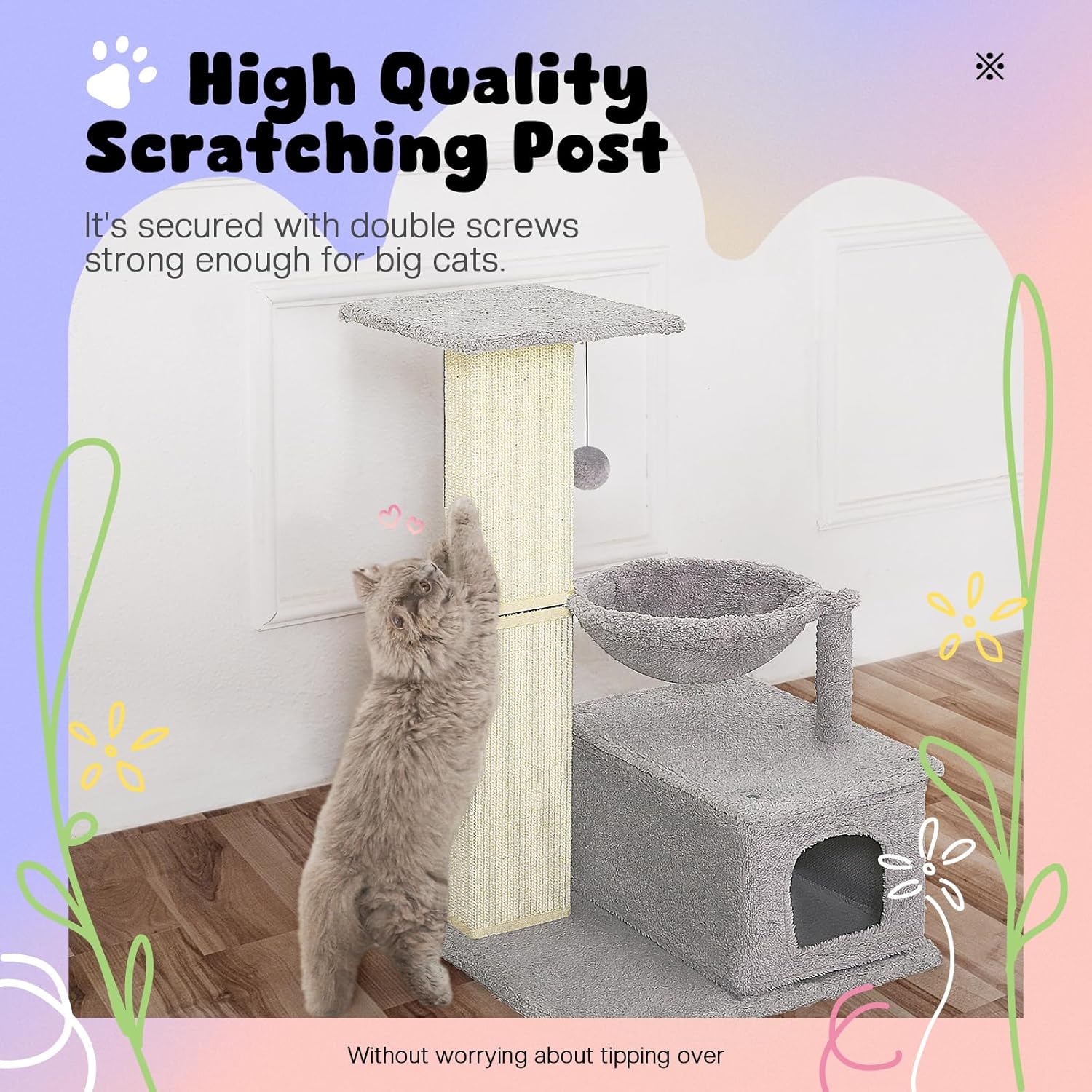 Cat Scratching Post with Perch, Sisal Cat Scratchers for Indoor Cats, Large Cat Scratching Post with Hammock & Fluffy Ball, 31 Inches Tall Cat Scratching Tower, Gray