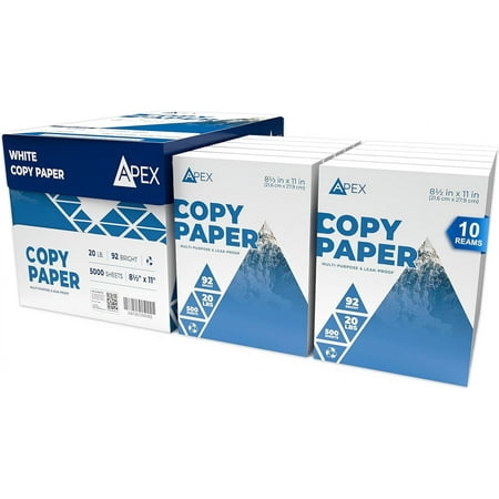 E-CLIPS USA Apex White Copy Paper 8.5” x 11” Multipurpose Printer Paper, 10 Reams Case