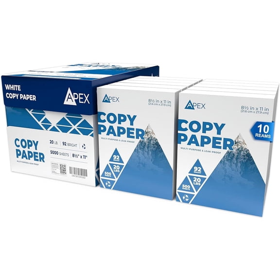 E-CLIPS USA Apex White Copy Paper 8.5” x 11” Multipurpose Printer Paper, 10 Reams Case