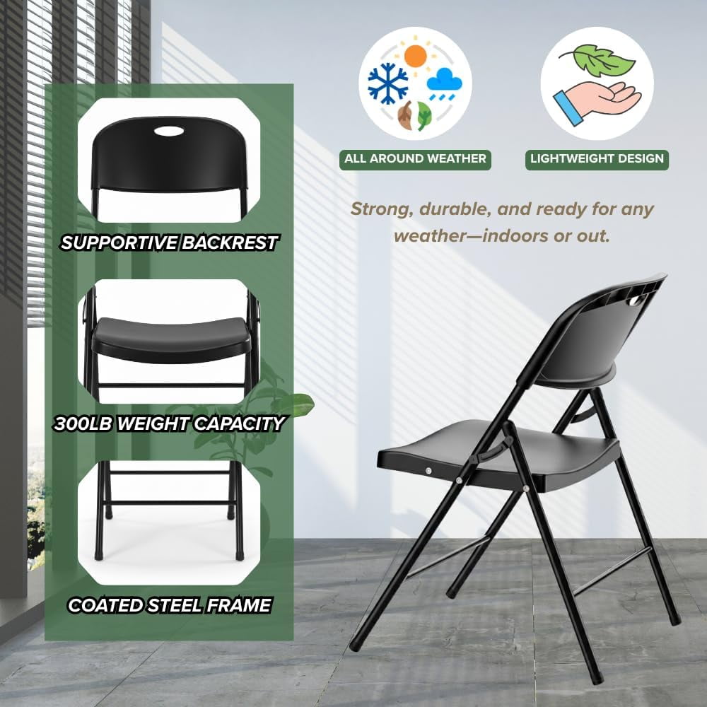 CYCLONE S·O·U·N·D Heavy Duty Plastic Foldable Chair for Adults, Portable Folding Chair for Patio, Backyard, Party, or Wedding — Comfortable Stackable Outdoor Chair, Black (8 Pack)