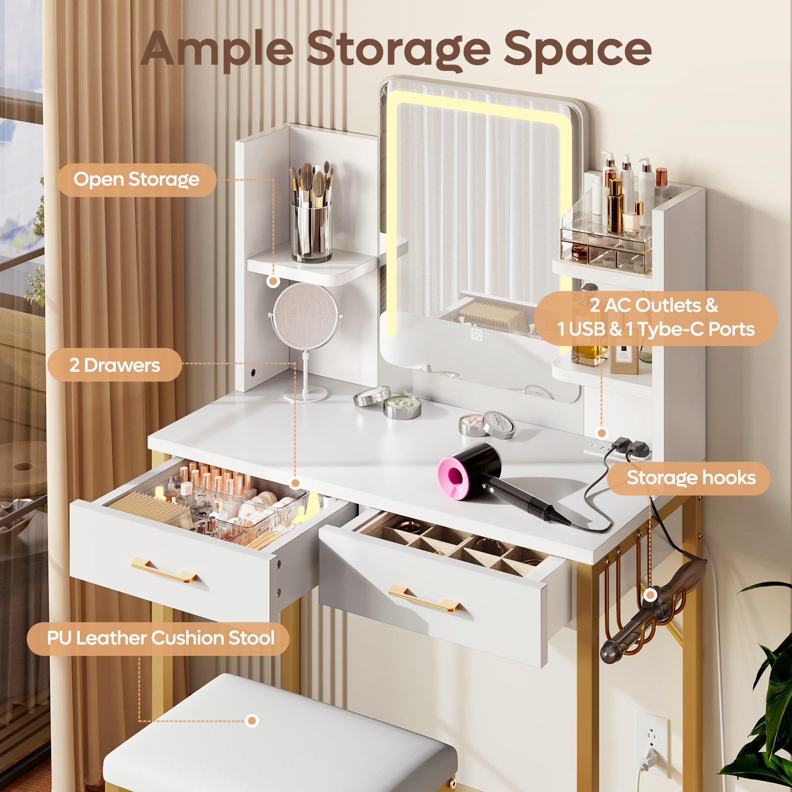 Bestier White Makeup Vanity Set with Lights and Stool photo 4